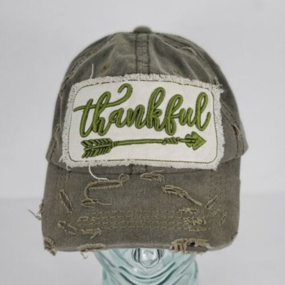 Thankful Womens Hat Cap Olive Green Distressed Distroyed Frayed Emboidered Patch
